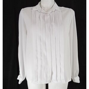 Sheridan Square Blouse Sz 12 White Pleated‎ Hidden Button Long Sl Shirt Career